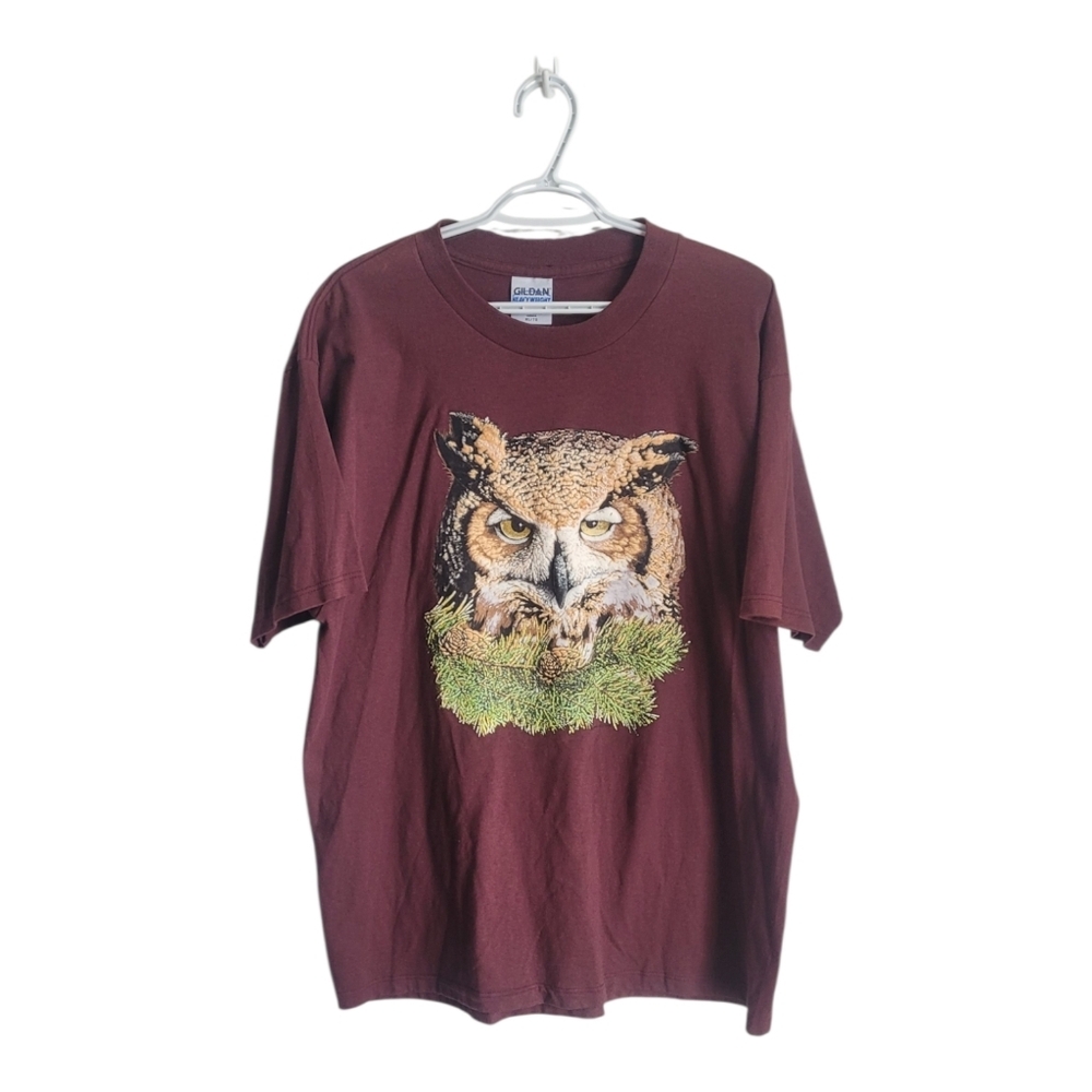Vintage Gildan Burgundy Owl Graphic Tee XL